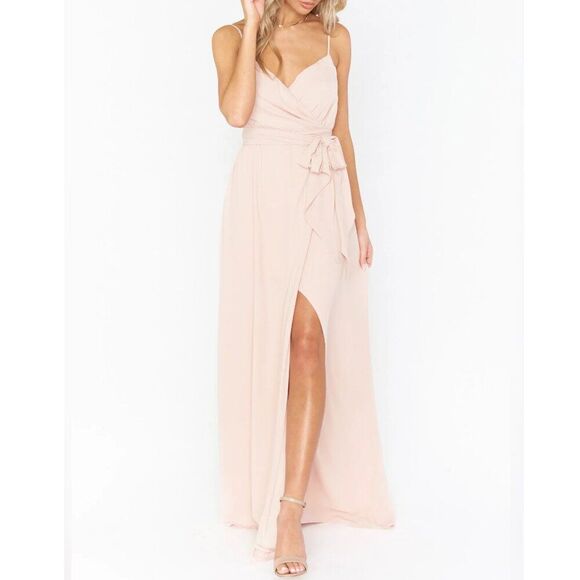 Show Me Your MuMu Liz Maxi V Neck Mock Wrap Slit Dress Dusty Blush Crisp L - Picture 1 of 10